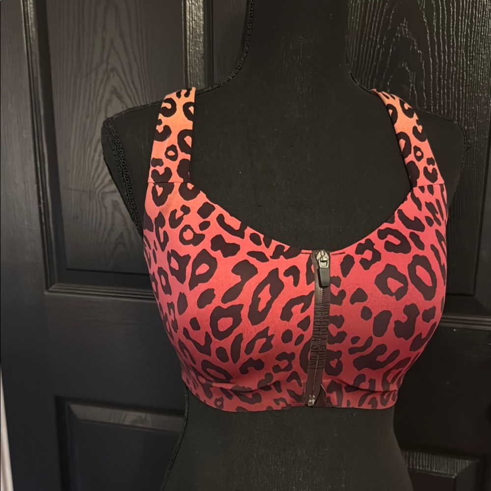 Leopard Print Zip Front Bra - Pink and Black